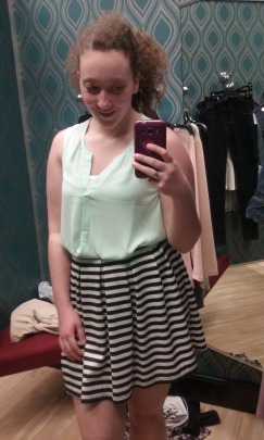 I love this black-and-white-striped skater-style skirt! You can never have too many skirts for springtime. The mint green tank gives this look just enough color (and the straps are wide enough to comply with most schools dress codes!).